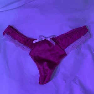 Satin Lace Trim Thong Panty - Magenta